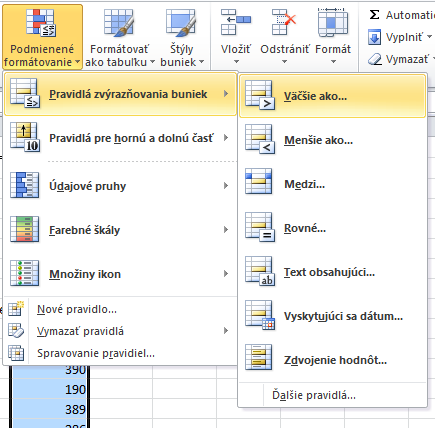 Pravidl&aacute; zv&yacute;razňovania buniek - Podmienen&eacute; form&aacute;tovanie v Microsoft Excel